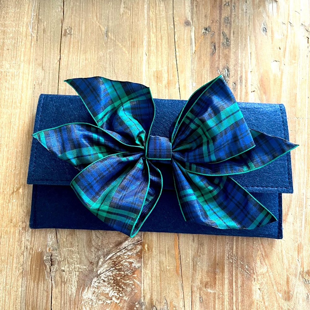 Navy Clutch Purse with Plaid Bow
